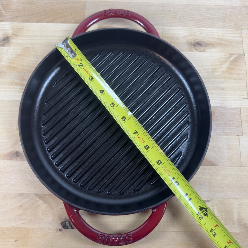 Staub 10 inch Round Enameled Cast Iron Grill Pan Cherry Red Made in France 26cm - Picture 5 of 8